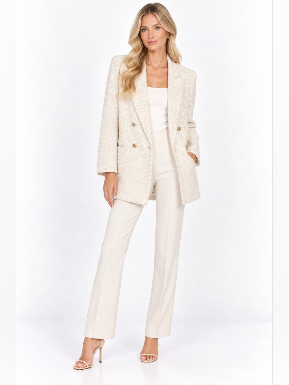 H&M Size L Cream Tweed Textured Double-Breasted Blazer